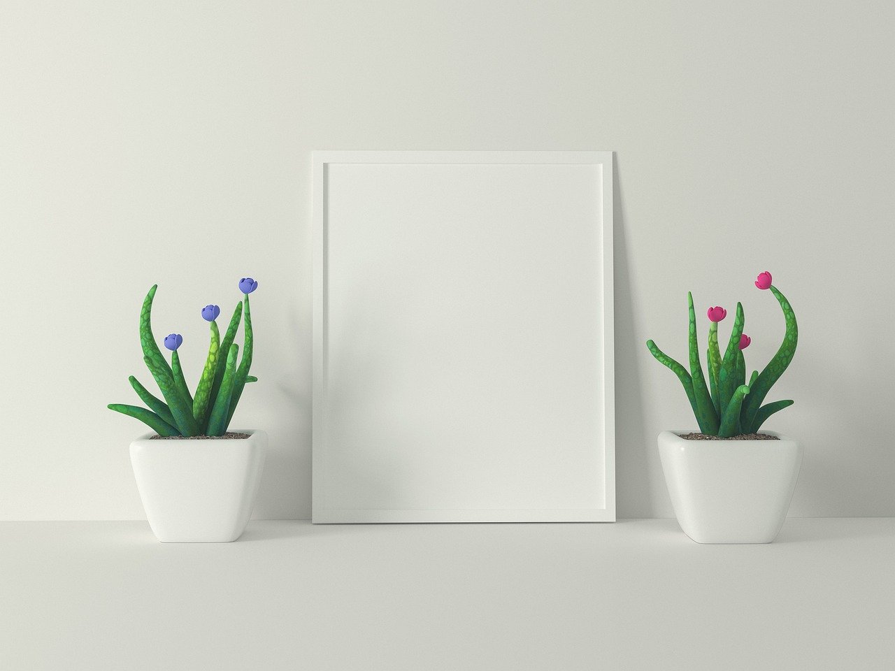 a picture frame sitting next to two potted plants, a poster, postminimalism, studio quality smooth render, miniature product photo, bromeliads, 4 k product photo