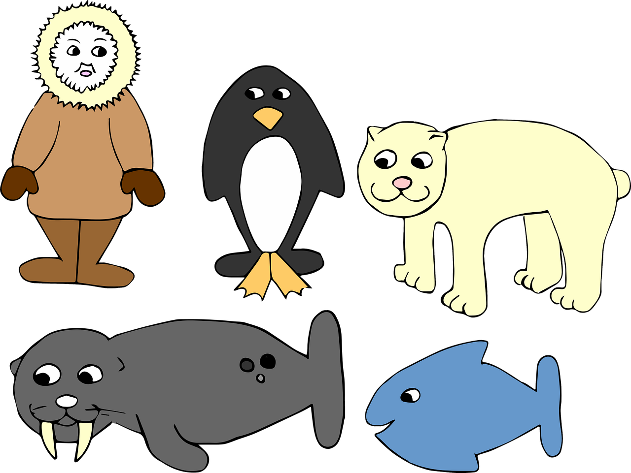 a group of cartoon animals standing next to each other, a cartoon, by Tom Carapic, trending on pixabay, mingei, inuit heritage, a dark, who is born from the sea, clip-art