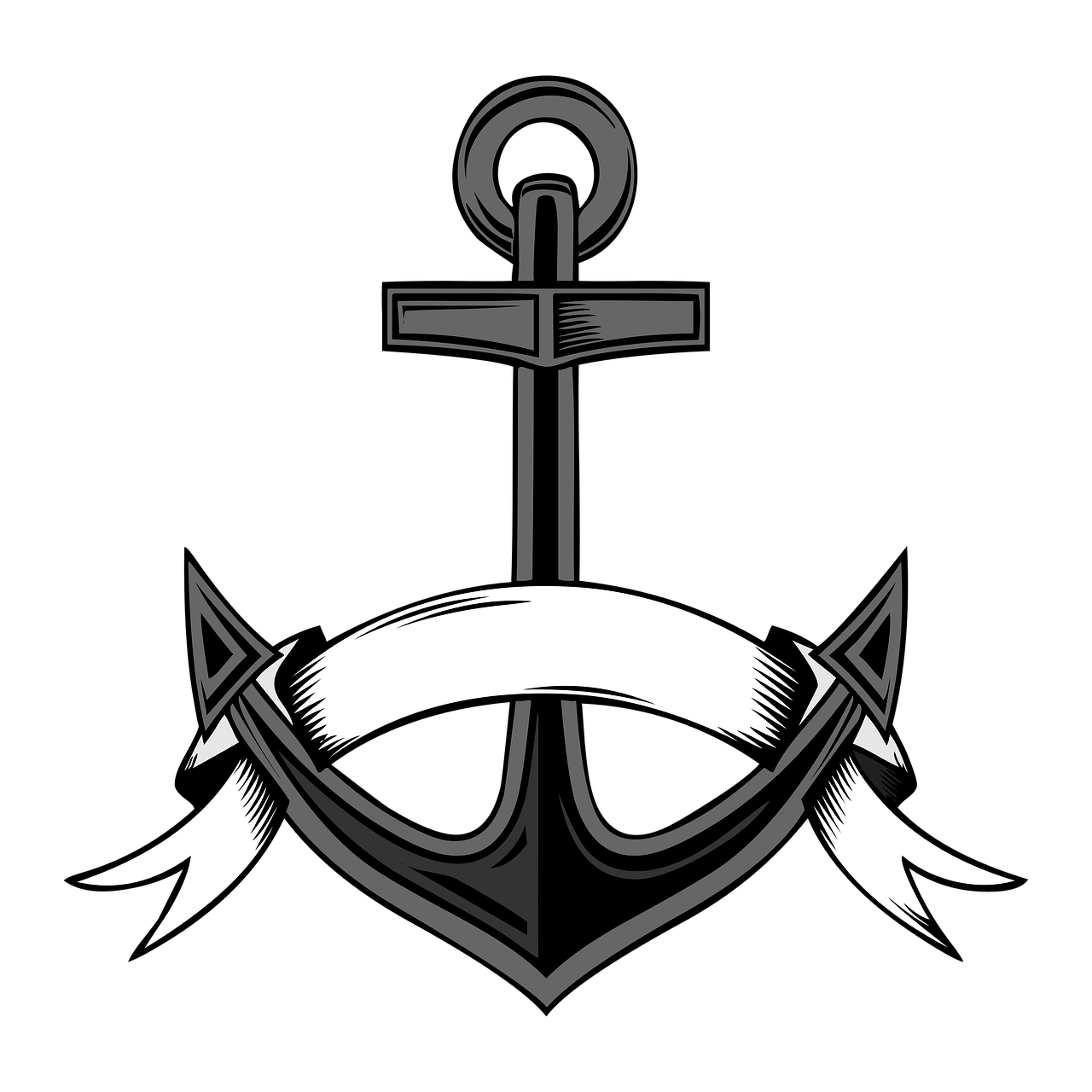 a black and white anchor with a ribbon, vector art, by Jens Søndergaard, symbolism, on a dark background, no - text no - logo, mcbess illustration, family photo