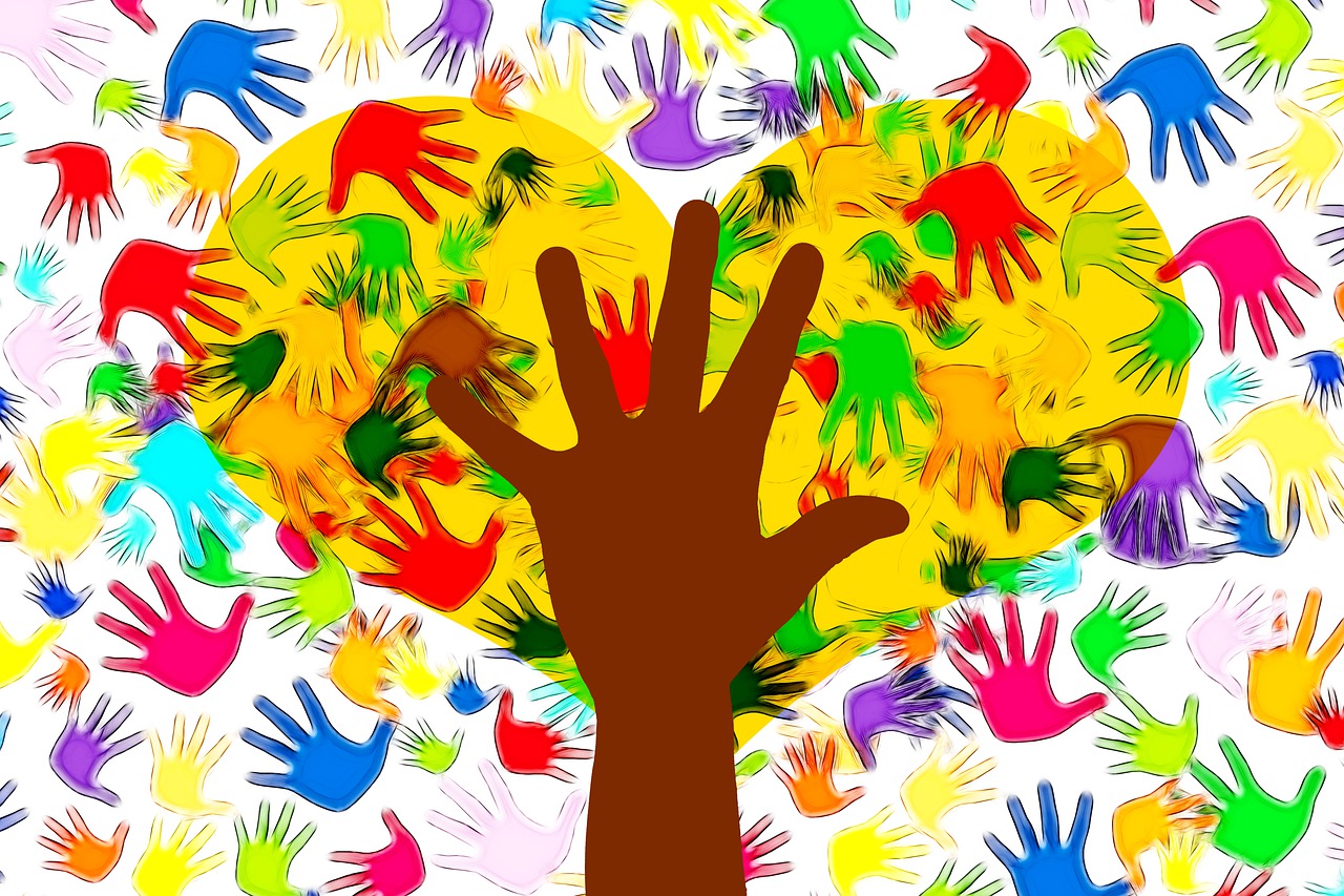 a tree with many hands painted on it, trending on pixabay, conceptual art, colorfully background, open palm, any racial background, siluette