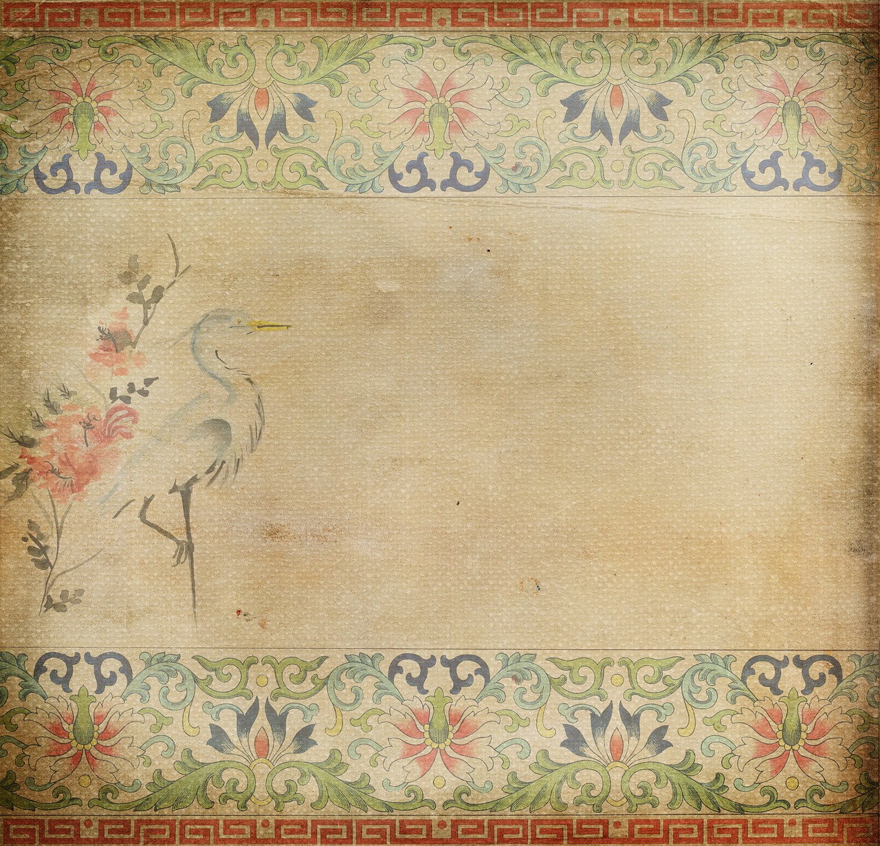 a close up of a paper with a bird on it, inspired by Yun Shouping, trending on pixabay, sōsaku hanga, ornate border, vintage muted colors, heron, flower background