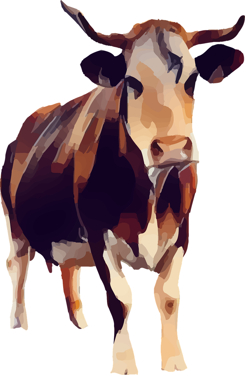 a brown and white cow standing in front of a black background, a digital painting, cubism, full res, posterized color, polygon, aggressive stance
