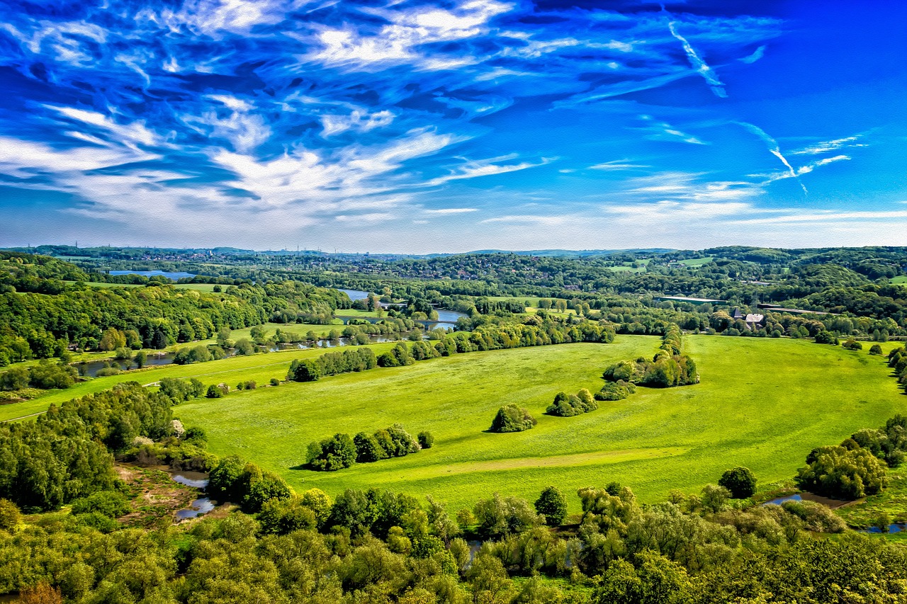 an aerial view of a lush green field, by Etienne Delessert, shutterstock, river and trees and hills, barnet, wide angle shot 4 k hdr, on a bright day