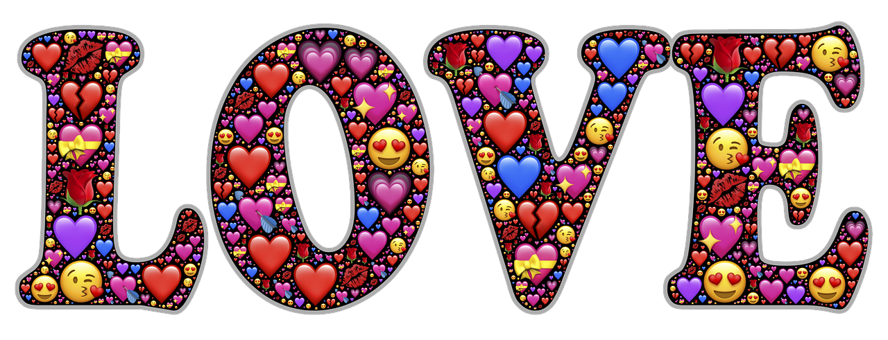 the word love is made up of hearts and emoticions, a picture, by David Burton-Richardson, pixabay, dmt!!!!!!!!, vivid colors!!, diva, emoji