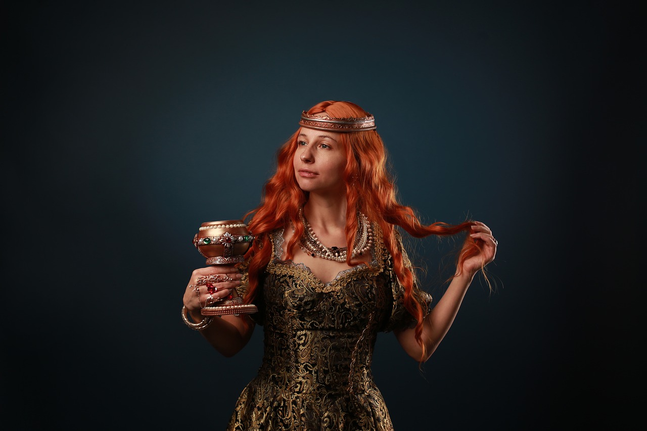 a woman with red hair is holding a jar, a portrait, renaissance, gold crown and filaments, studio portrait photo, celtic hair braid, copper cup