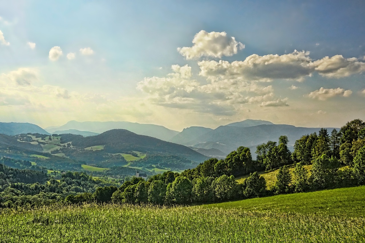 a herd of sheep grazing on top of a lush green hillside, a picture, by Karl Walser, trending on pixabay, renaissance, distant mountain range, anime countryside landscape, looking over west virginia, hdr photo