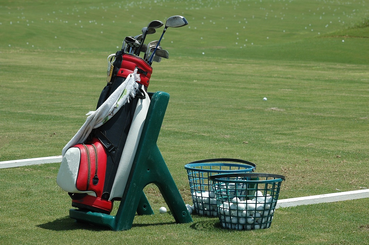 a golf bag sitting next to a basket of golf balls, pixabay, happening, swings, high res photo, various posed, 2 0 1 0 photo