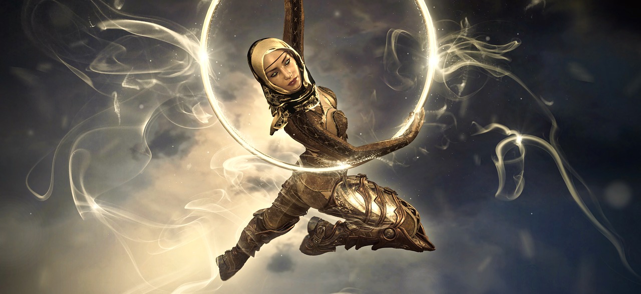 a woman flying through the air holding a sword, inspired by Lucas Graciano, wearing a golden halo, eso armor, arabian, lunar themed attire