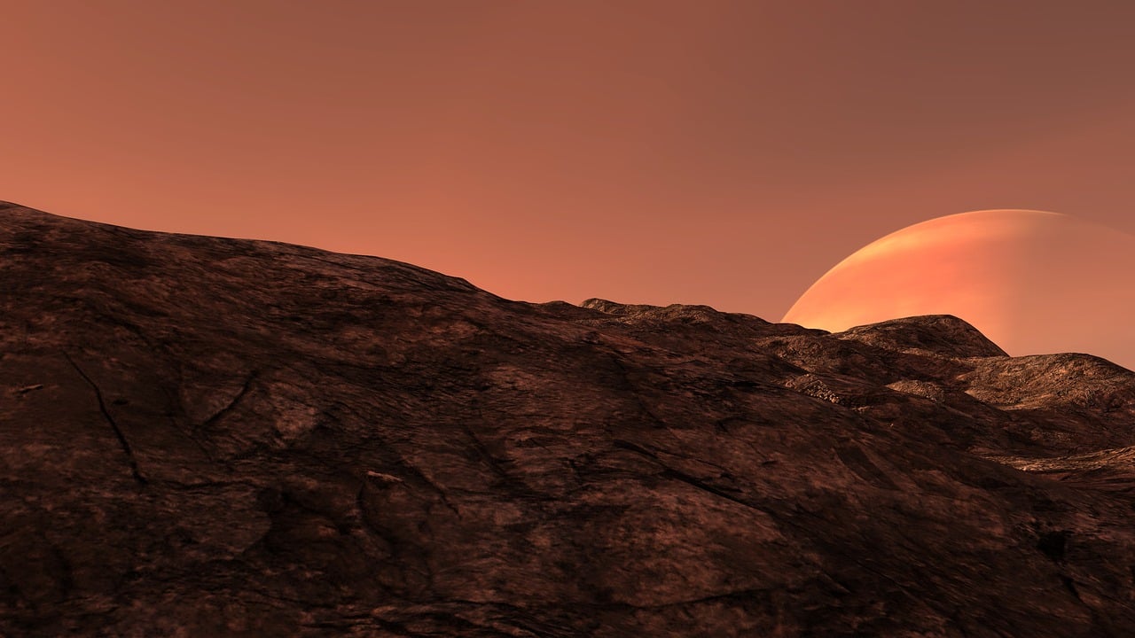 a close up of a rocky surface with a moon in the background, inspired by Henri Biva, trending on cg society, romanticism, mars vacation photo, burning red desert horizon, 1128x191 resolution, 4k morrowind concept art