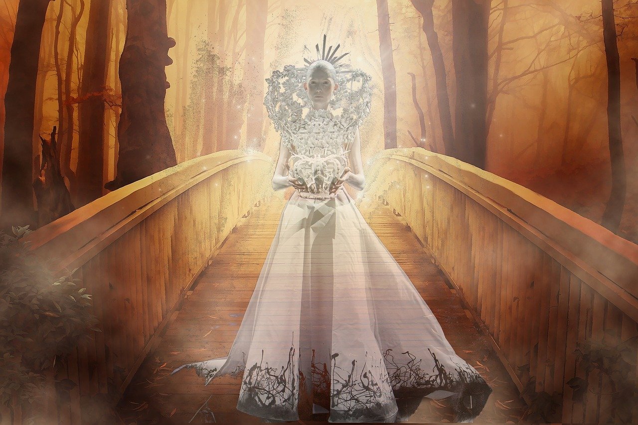 a woman in a wedding dress standing on a bridge, concept art, inspired by John Atkinson Grimshaw, fantasy art, crown of white diamonds, fractal tarot card style, award winning fashion photo, the queen of the sun