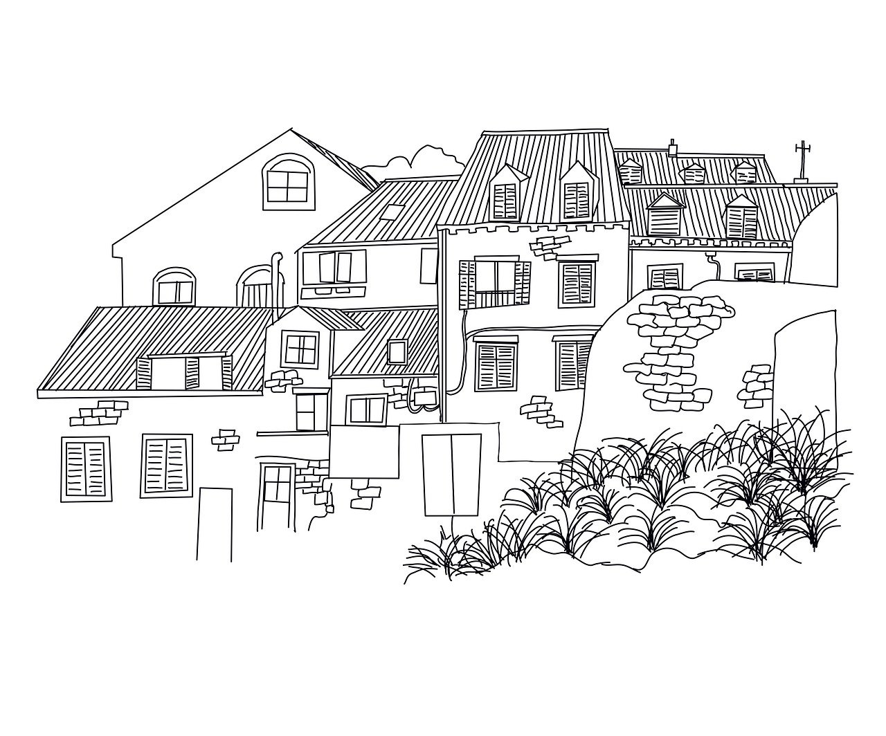 a black and white drawing of a house, lineart, by Yang Borun, modern european ink painting, terraced, vector line art, favelas in rio, on the white background