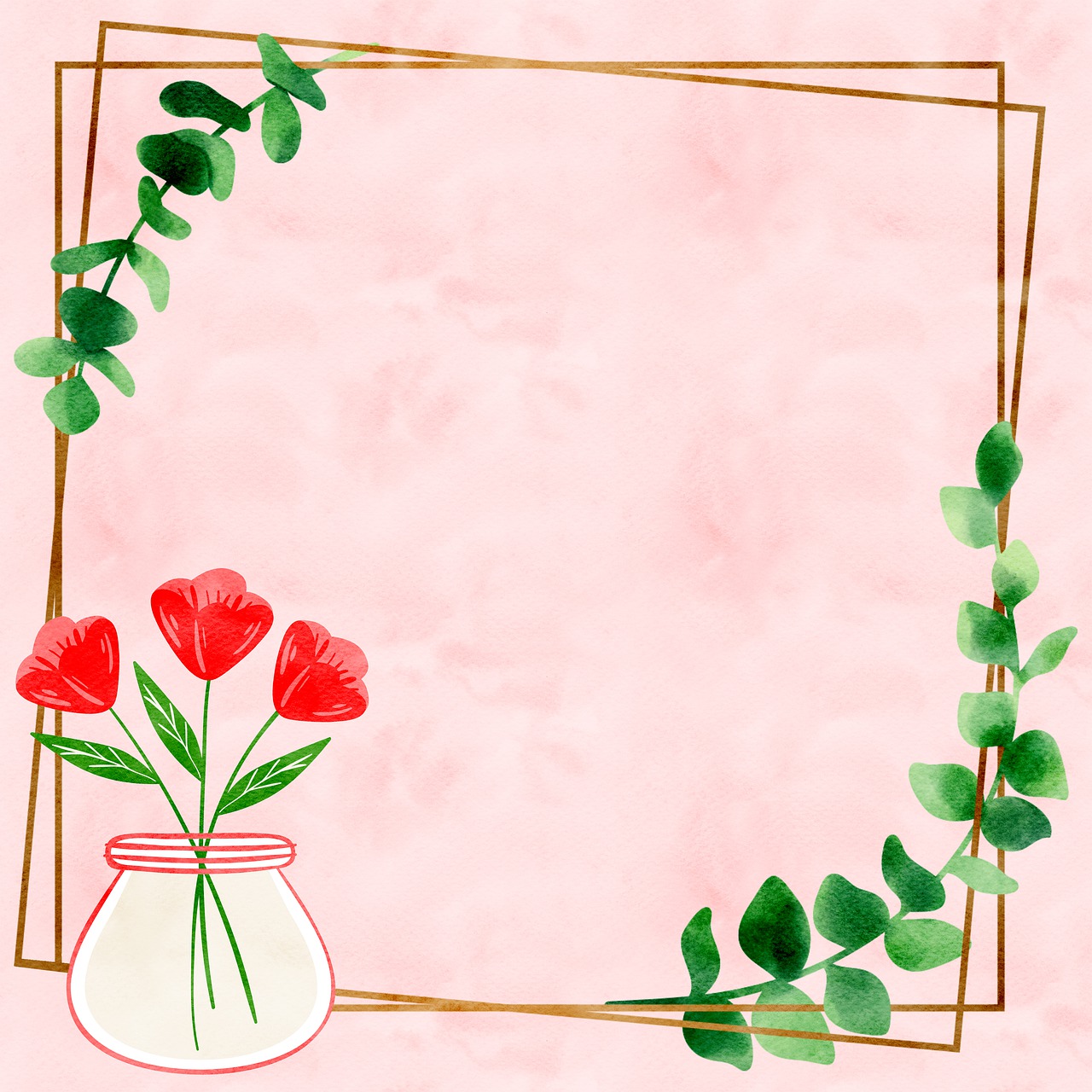a vase filled with red flowers on top of a pink background, a watercolor painting, inspired by Masamitsu Ōta, decorative frame, resources background, ivy, mall background