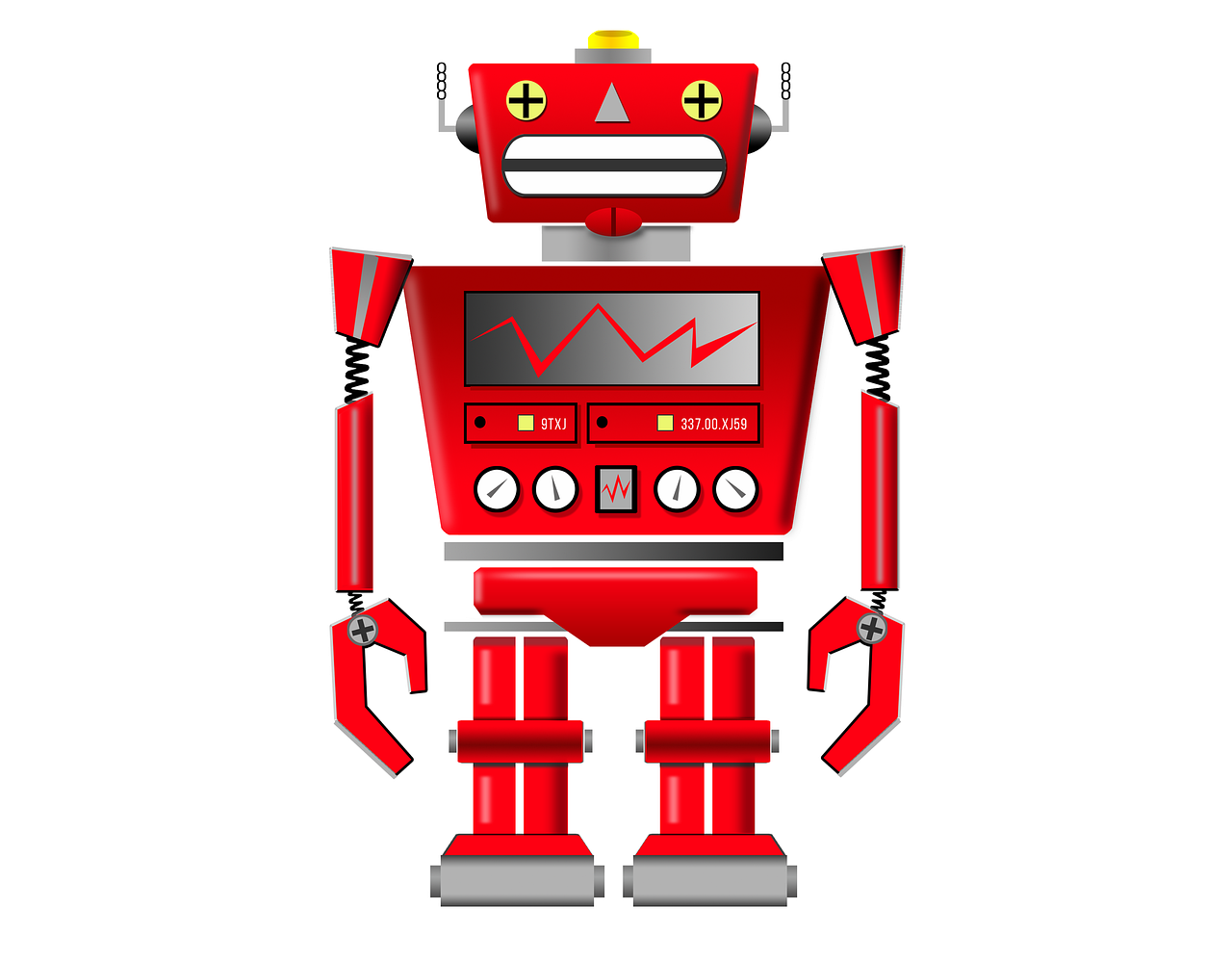 a red robot standing in front of a white background, digital art, screw, created in adobe illustrator, istockphoto, metal body