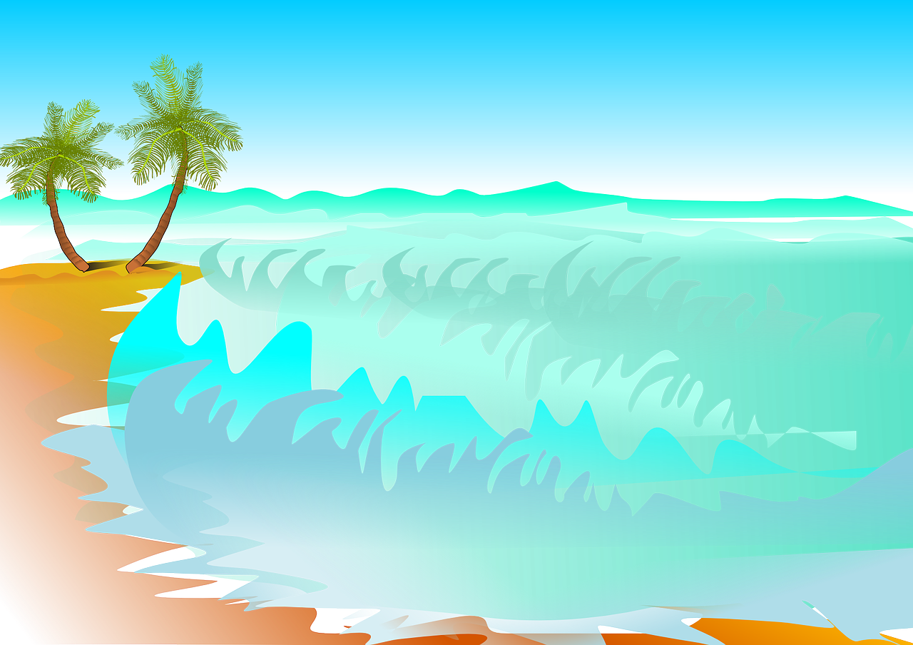 a couple of palm trees sitting on top of a sandy beach, an illustration of, shutterstock, big wave and foam, makes the sea area glowing water, high contrast illustration