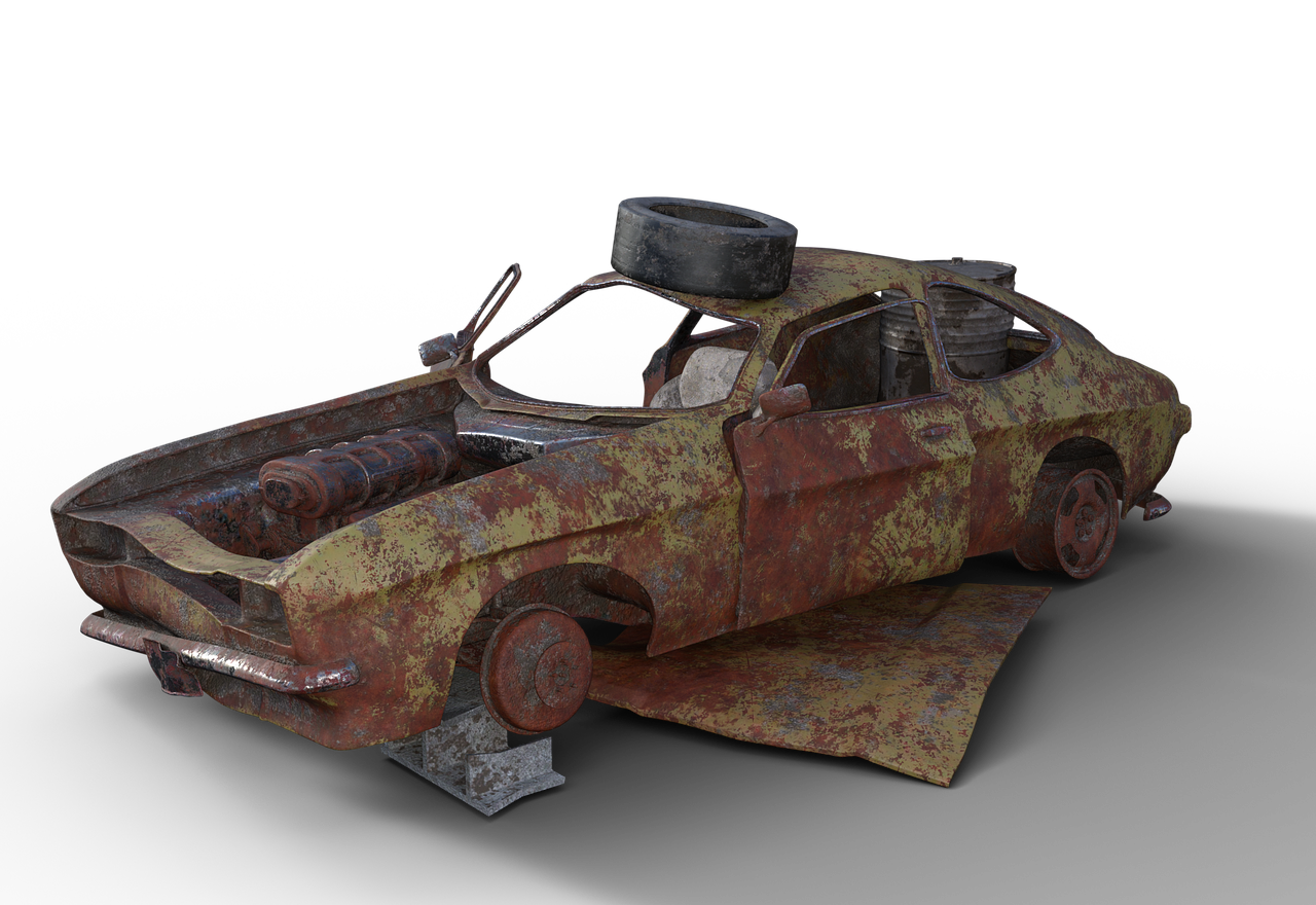 a rusted out car sitting on top of a piece of paper, a 3D render, by senior environment artist, polycount contest winner, racecar, highly detailed textured 8k, moldy, realistic paint job