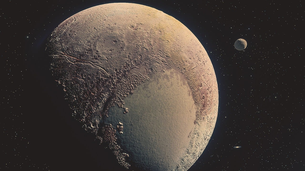 a close up of a planet with a moon in the background, an illustration of, by Artur Tarnowski, pexels, space art, pluto, nasa true color photograph, molten, half moon