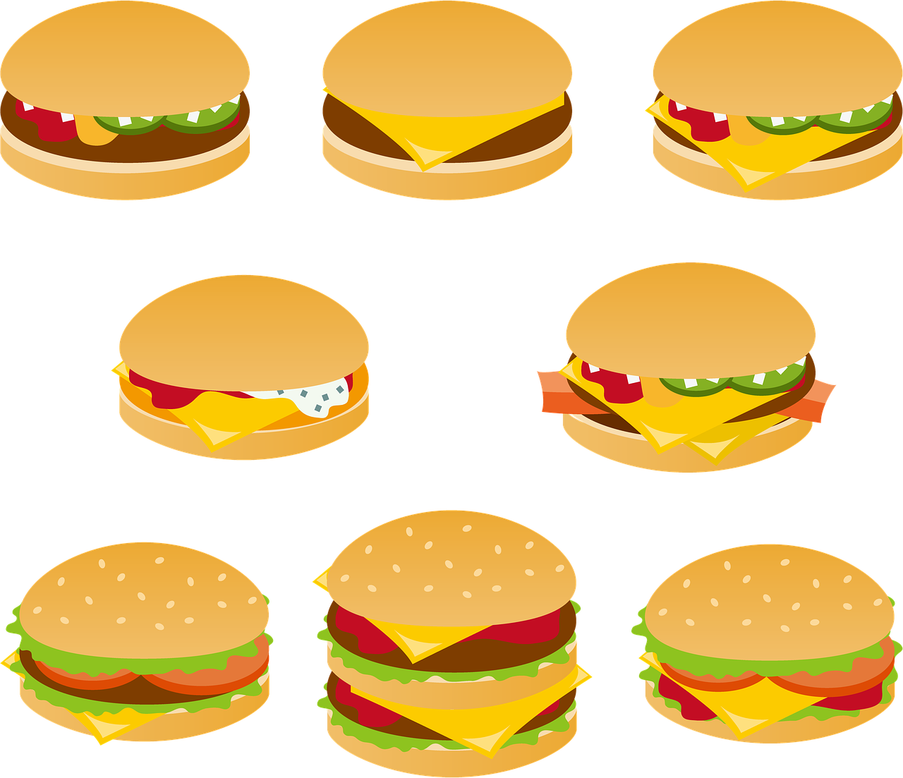 a set of six hamburgers with different toppings, by Adam Manyoki, flash animation, screen capture, icon pattern, with a black background