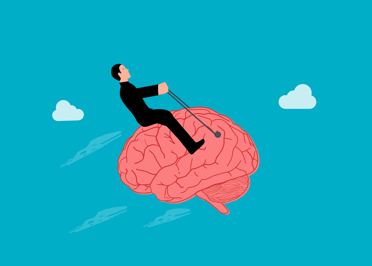 a man that is sitting on top of a brain, an illustration of, riding in the sky, illustration”, higher detailed illustration, walking down