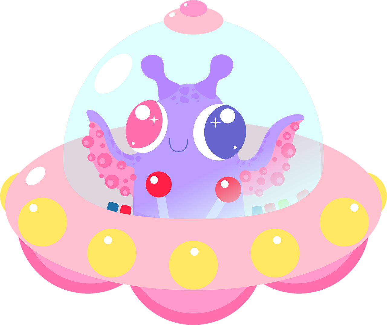 a purple octopus sitting on top of a pink object, concept art, inspired by Hiromu Arakawa, spaceship window, flying saucer, cutie, dark ( spaceship )