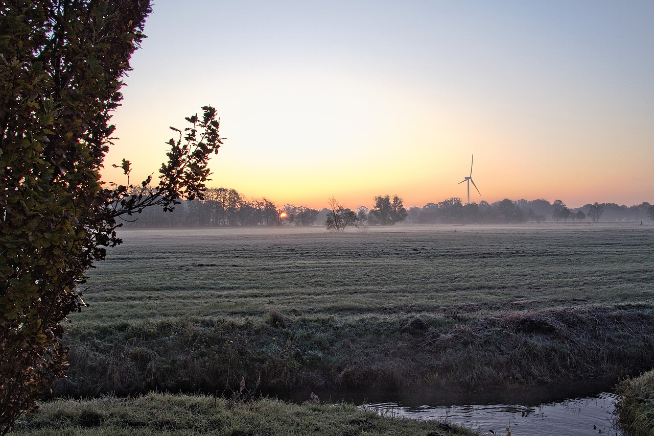 a foggy field with a windmill in the distance, inspired by Willem de Poorter, flickr, early morning sunrise, near a river, 1 8 mm wide shot, steven outram highly detailed