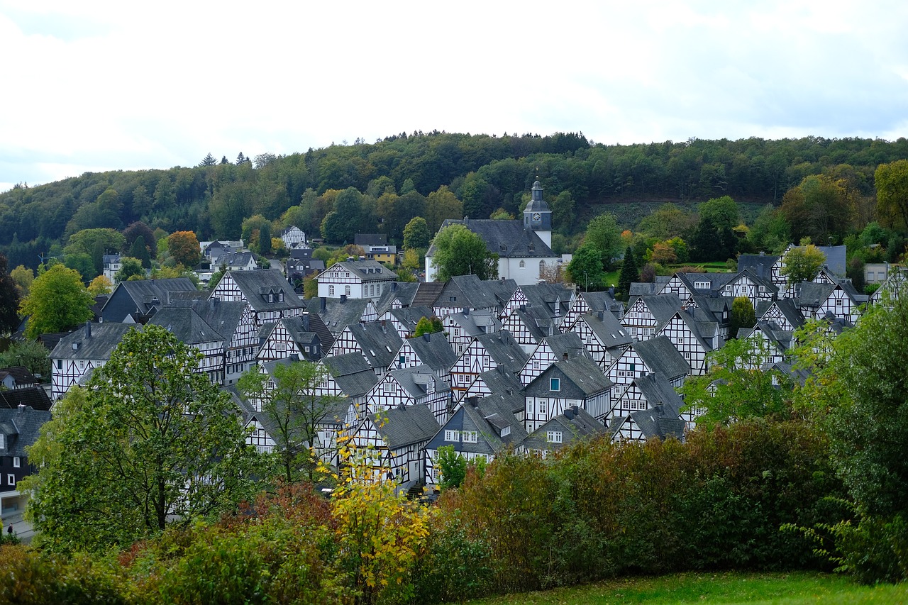 a group of houses sitting on top of a lush green hillside, heidelberg school, autumn rain turkel, village in the woods, villages castles, buildings covered in black tar