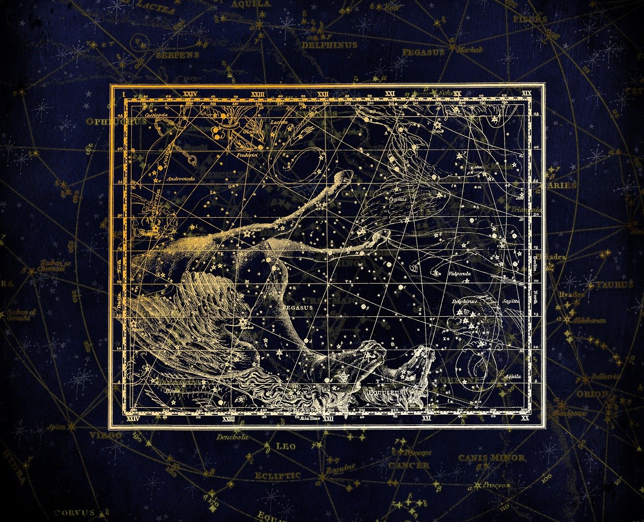 a picture of a constellation map on a blue background, by Zofia Stryjenska, digital art, highly detailed painting of old, 19th-century, golden ratio illustration, tarot card background