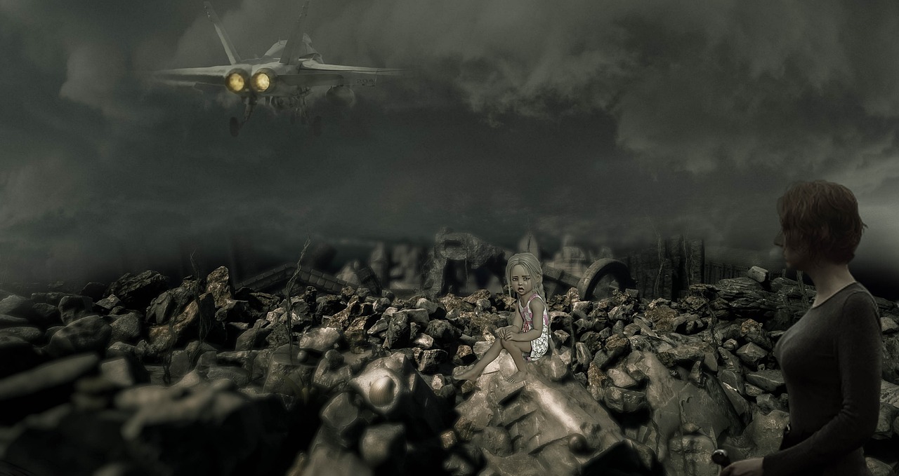 a man standing on top of a pile of rubble, digital art, deviantart, digital art, war machines from a gate in hell, modeling photograph kerli koiv, angelic and unsettling, seen from earth