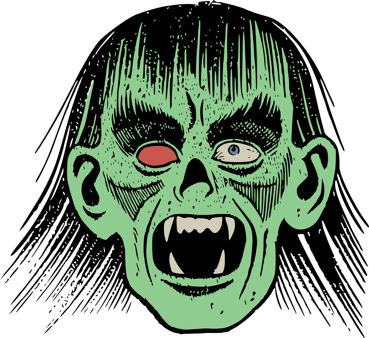 a close up of a zombie face on a black background, an illustration of, by Clark Voorhees, lowbrow, with a large head and big eyes, full color illustration, vintage horror, very coherent image
