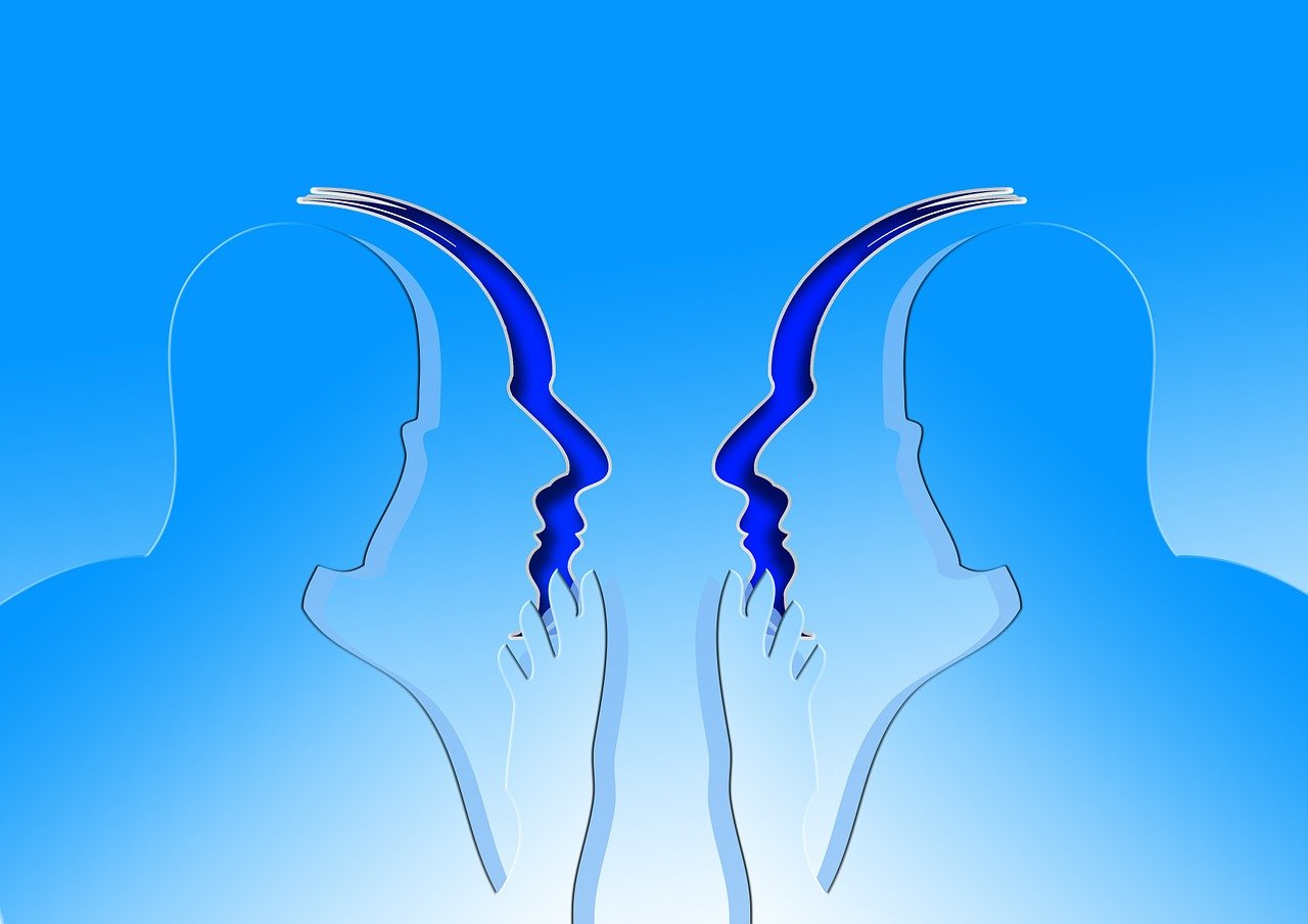a couple of people standing next to each other, vector art, abstract illusionism, blue head, transparent glass surfaces, facing each other, two horns on the head