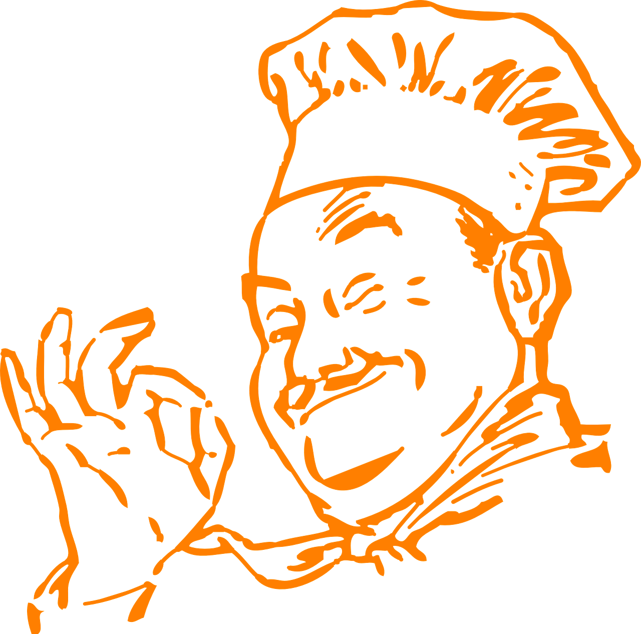 a black and orange drawing of a chef, pop art, big smile, obunga, vectorized, kramer