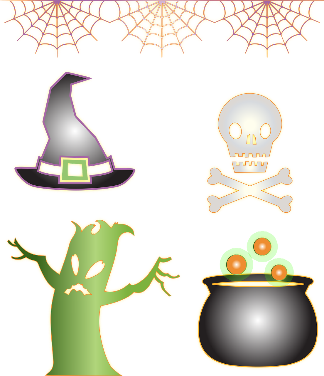 a collection of halloween icons on a black background, trending on pixabay, vanitas, gears, yellow purple green black, spell casting wizard, cutie