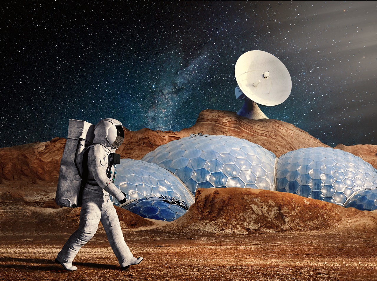 a man in a space suit walking across a desert, cg society contest winner, geodesic domes, solar sail in space, honeycomb halls, woman astronaut