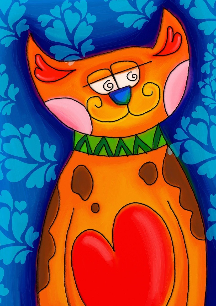 a painting of a cat with a heart in its paws, a pop art painting, inspired by Louis Wain, toyism, digital art hi, orange and blue colors, anthropomorphic dog, sandra pelser