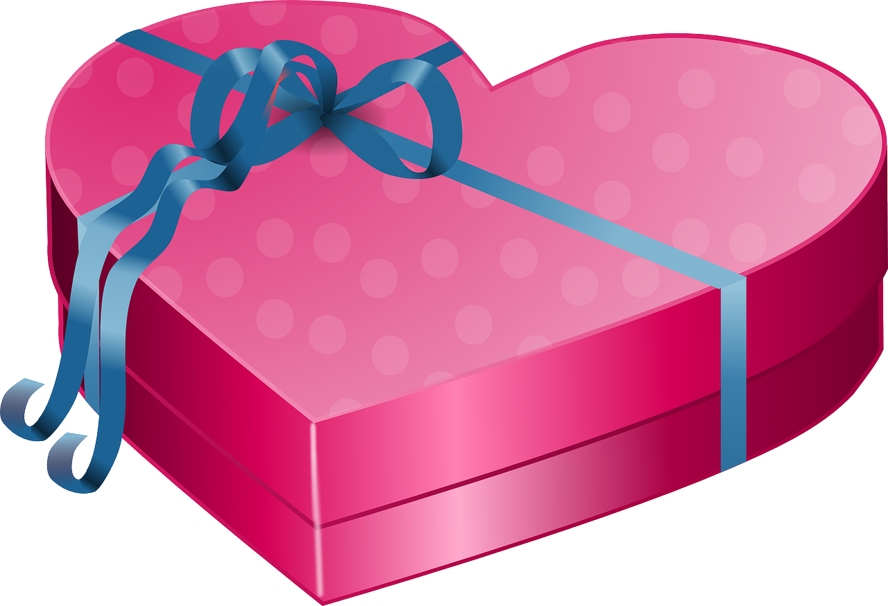 a pink heart shaped box with a blue ribbon, a digital rendering, inspired by Masamitsu Ōta, pixabay, chocolate candy bar packaging, streamlined pink armor, clipart, happy birthday