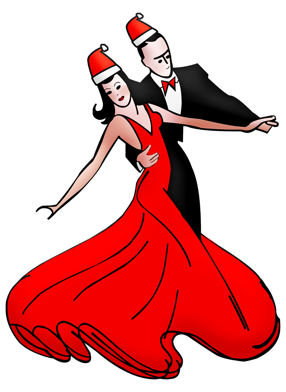 a woman in a red dress and a man in a tuxedo, by Hugh Hughes, pixabay, santa, she is dancing. realistic, flapper, drawn in a noir style