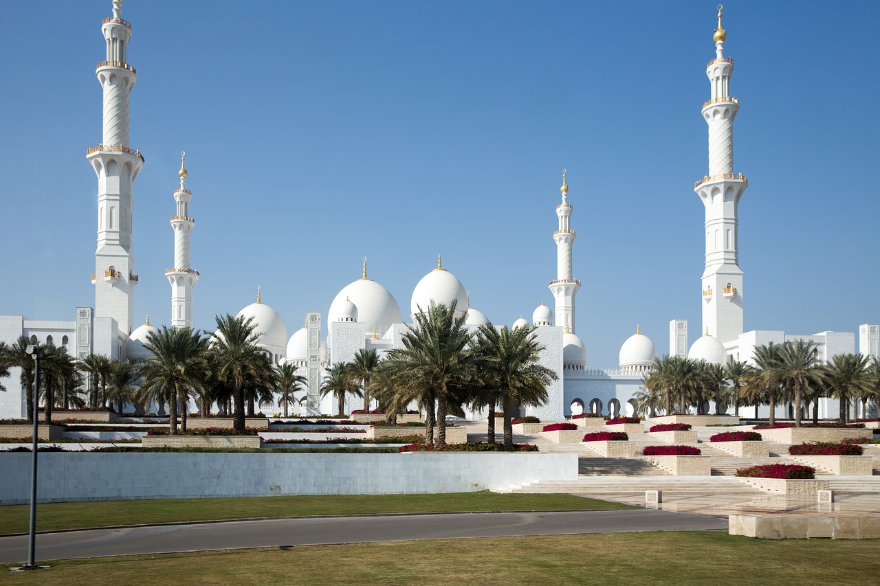 a large white building surrounded by palm trees, inspired by Sheikh Hamdullah, shutterstock, dau-al-set, black domes and spires, picnic, crisp smooth lines, sunny day