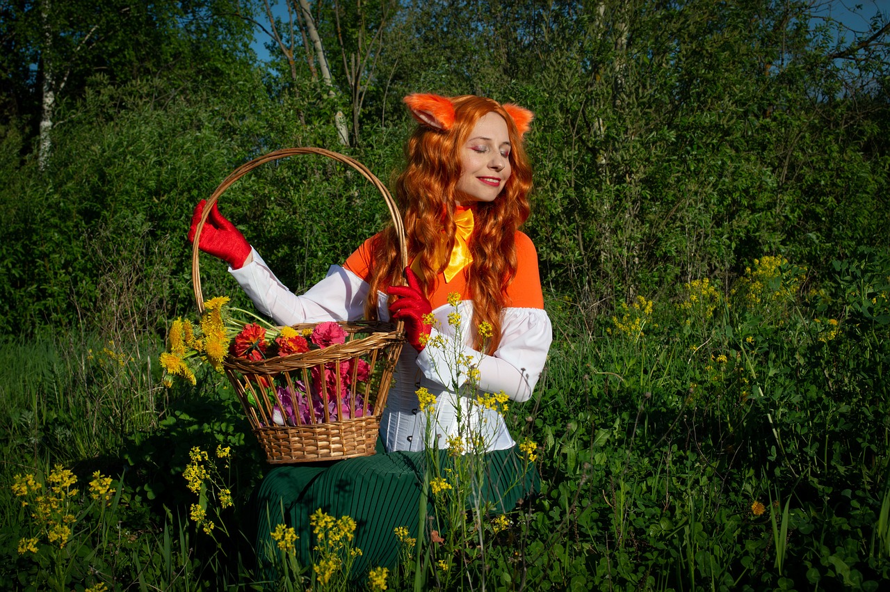 a woman with a basket of flowers in a field, pixabay contest winner, furry art, professional cosplay, orange cat, in green forest, sergey krasovskiy