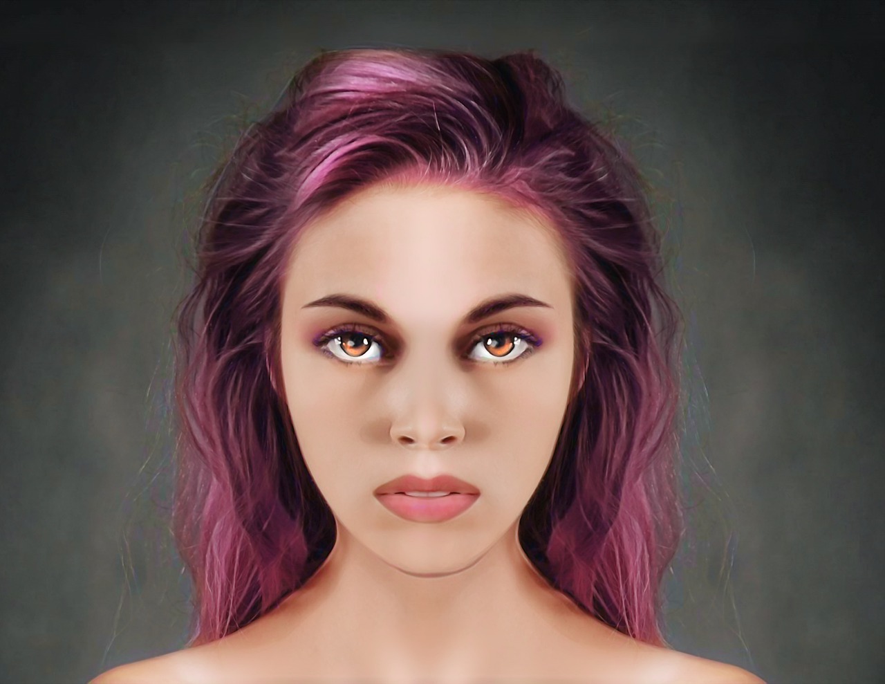 a digital painting of a woman with purple hair, a digital painting, inspired by Daphne Fedarb, digital art, accurate ultra realistic faces, age 2 0, very very very realistic, symmetric and beautiful face