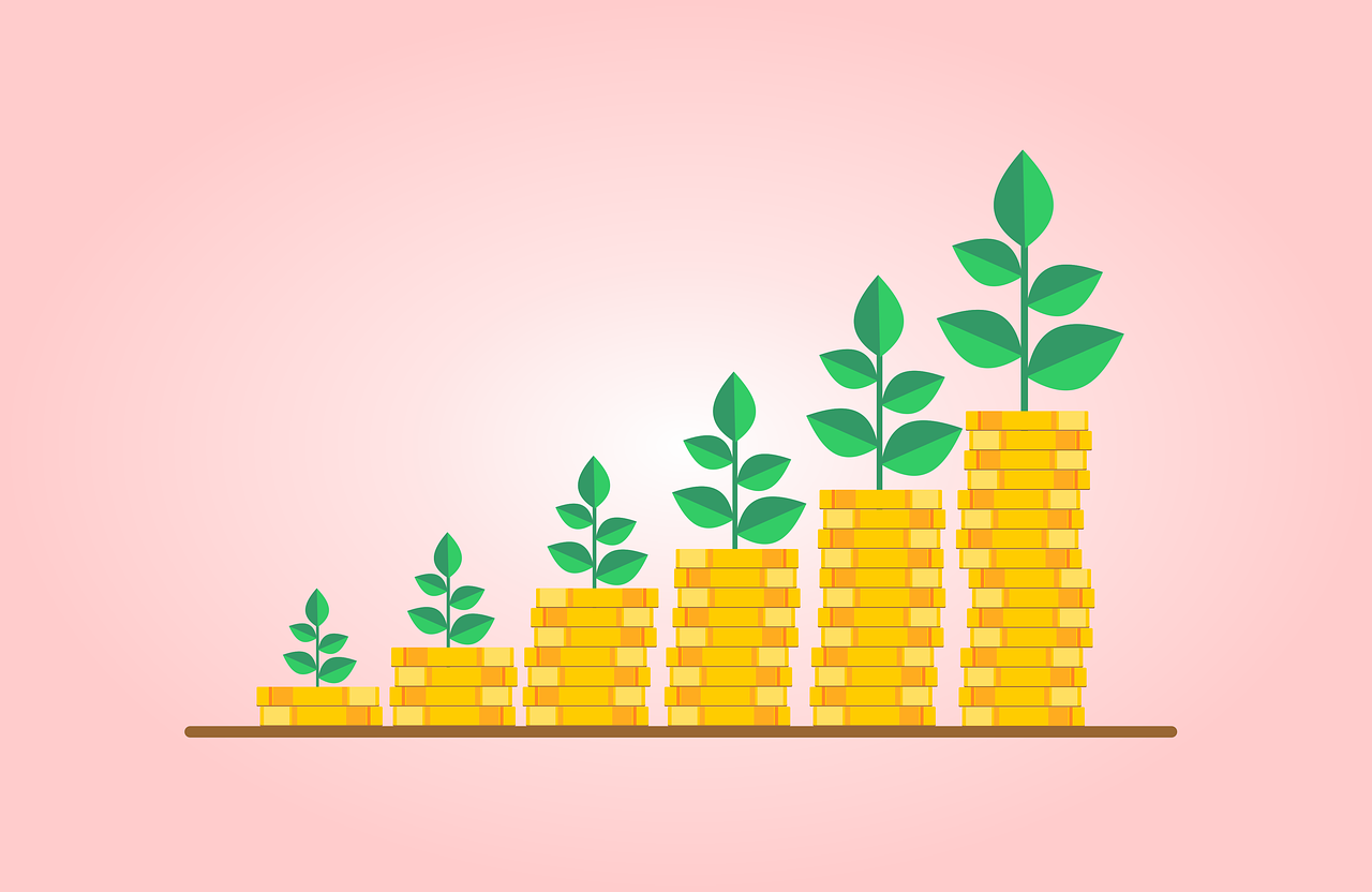 a stack of coins with a plant growing out of it, an illustration of, naive art, marketing game illustration, flat illustration, characteristics of golden curve, graphic illustration