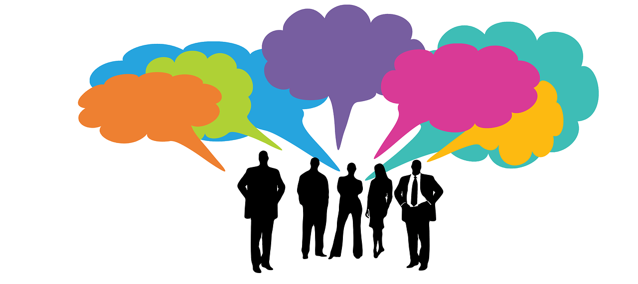 a group of people standing next to each other with speech bubbles coming out of them, shutterstock, white background”, : :, business, talking