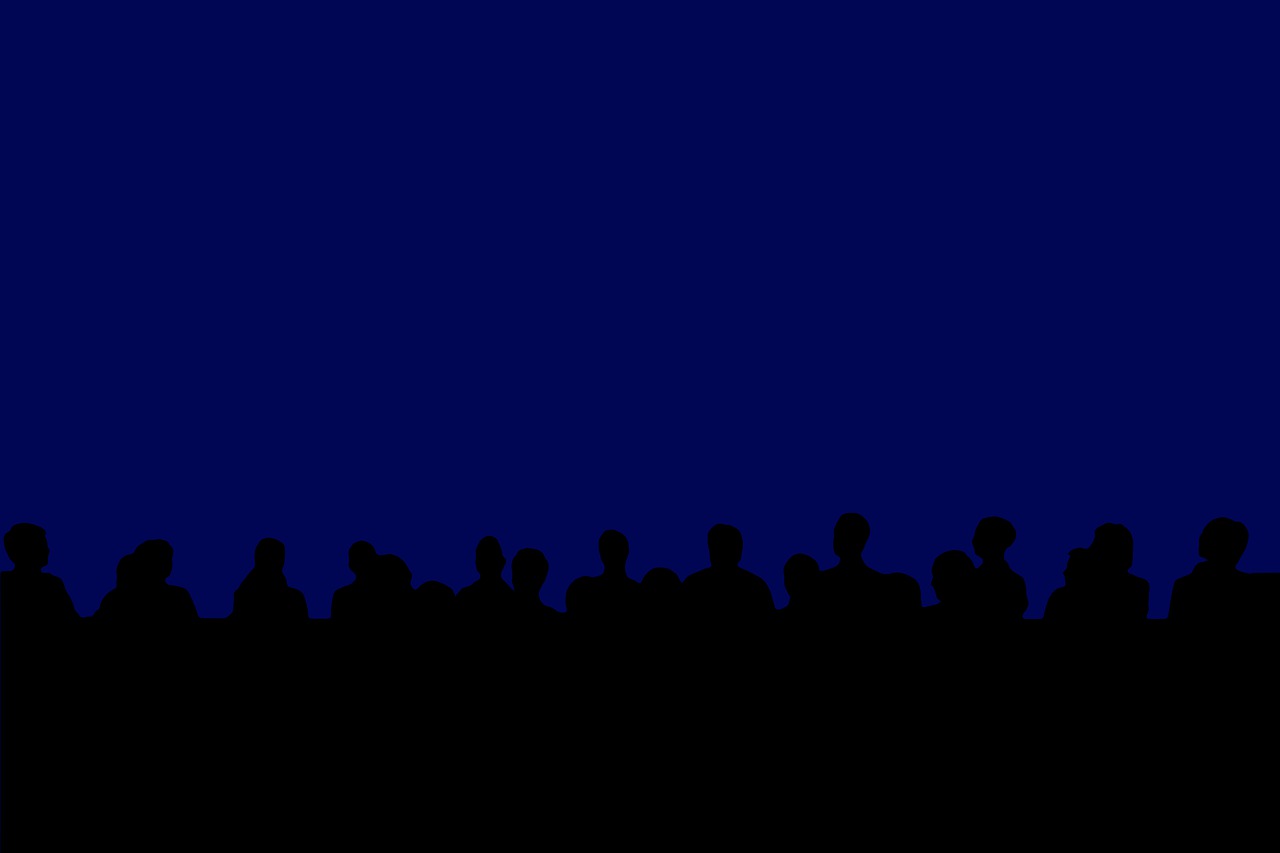 a group of people are silhouetted against a dark blue background, by Andrei Kolkoutine, trending on pixabay, conceptual art, sitting in a movie theater, full view blank background, night black sky background, hd illustration