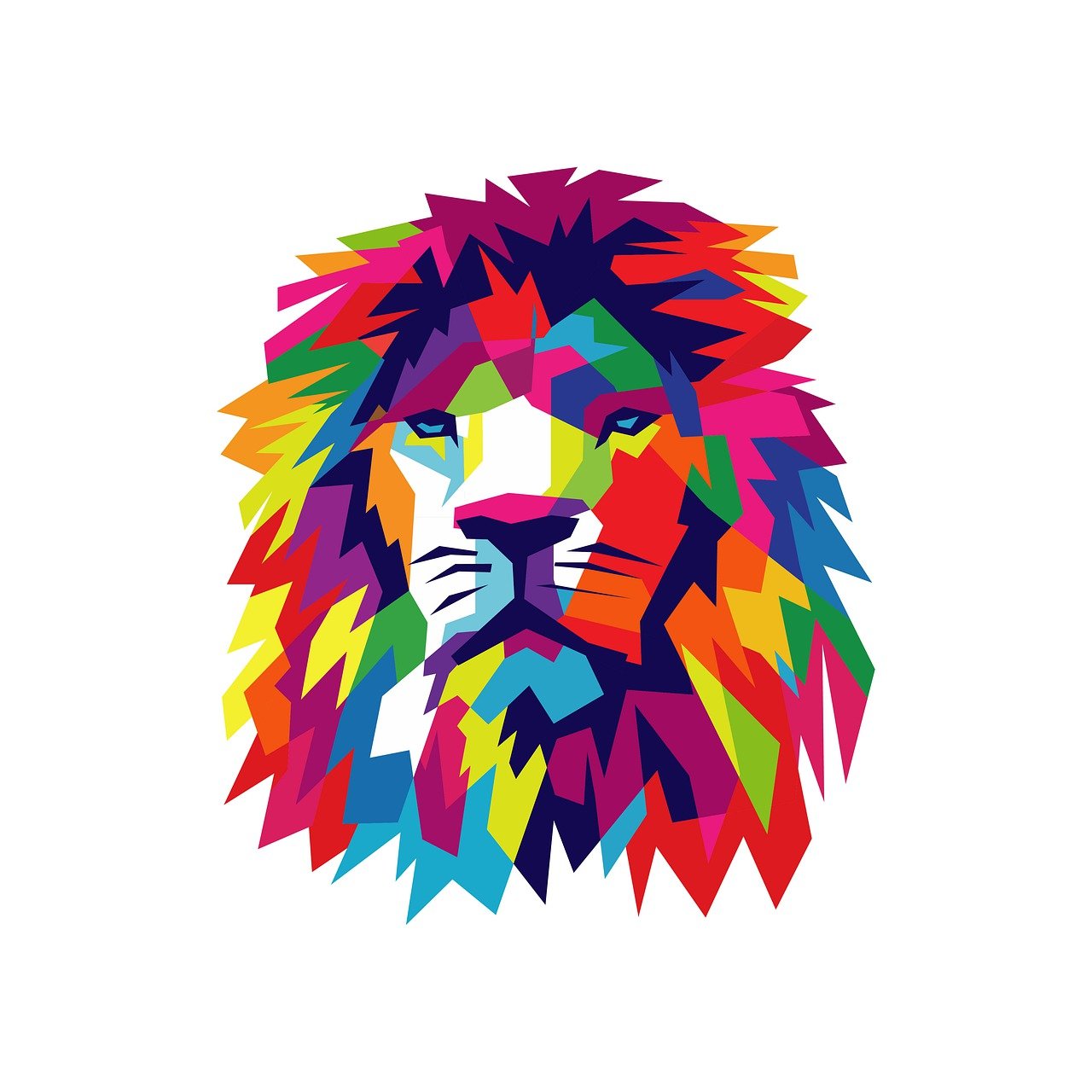 a colorful lion head on a white background, vector art, shutterstock, neo-fauvism, low polygons illustration, motivational, vinyl, 3 0 years old