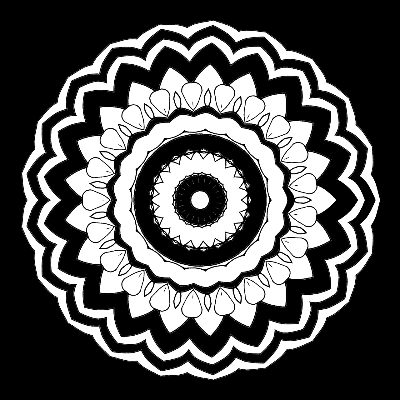 a black and white drawing of a flower, vector art, inspired by Otto Frölicher, colorful mandala, with a black background, above view, high contrast illustration