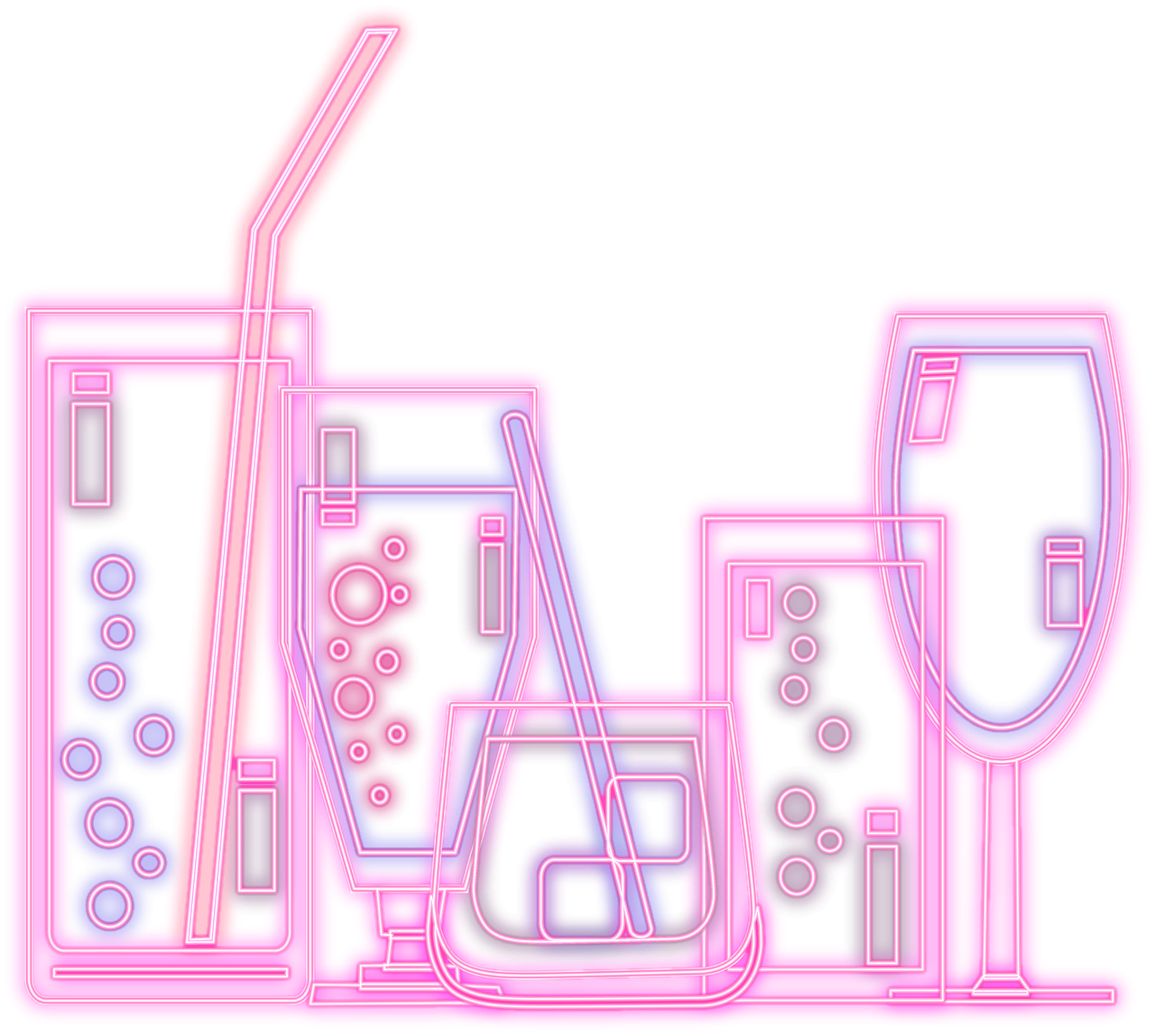 a neon sign with a glass of wine and a straw, a digital rendering, pixabay, digital art, lots of beakers, ( ( dithered ) ), pink, clubs