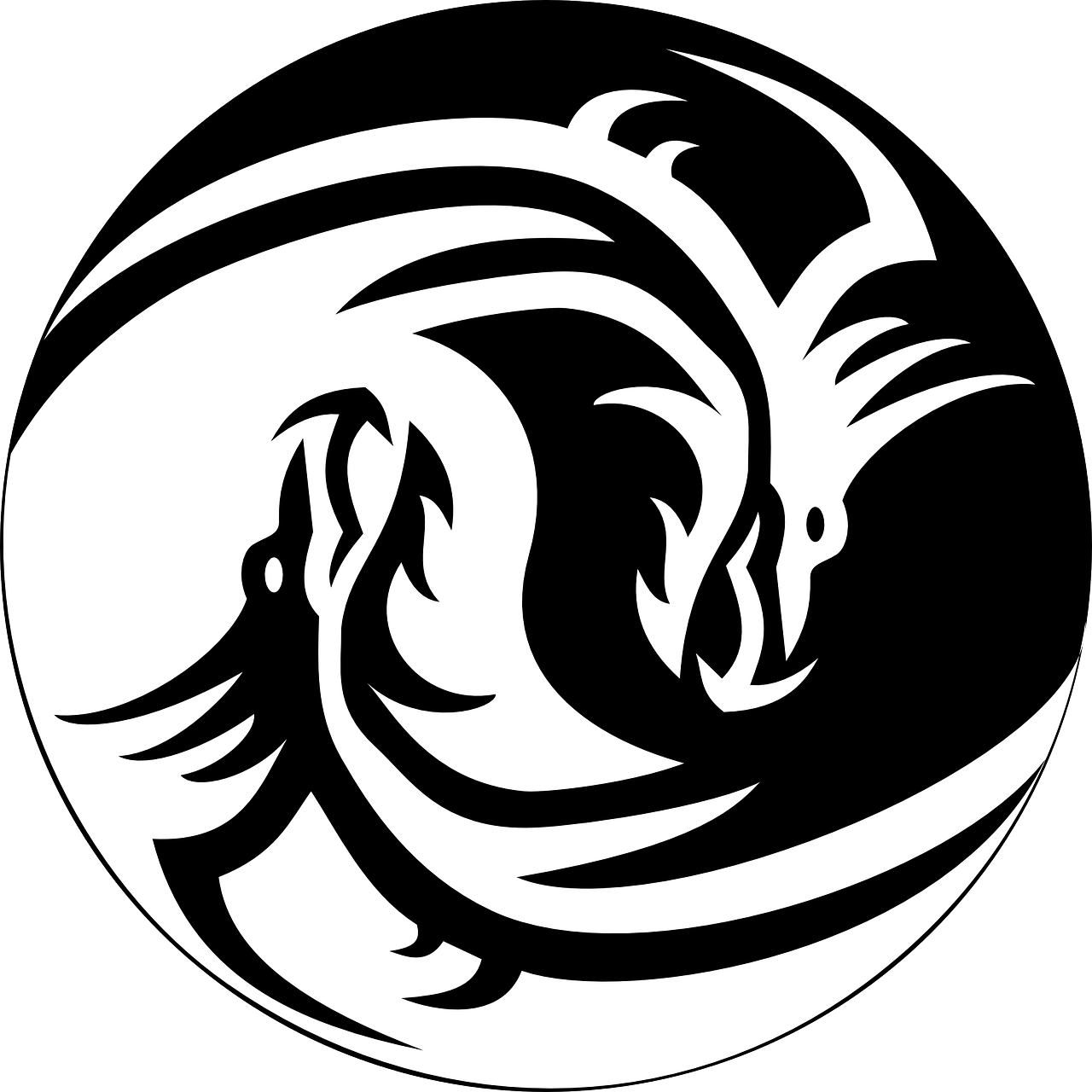 a black and white image of a horse in a circle, vector art, inspired by Wu Wei, reddit, ''wallpaper of a phoenix, both faces visible, dragon claws, black backround. inkscape