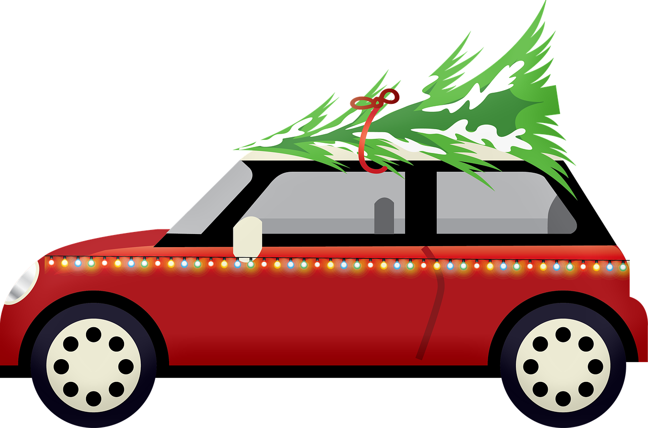 a red car with a christmas tree on top, pixabay, conceptual art, side profile, gif, with a roof rack, zoomed in