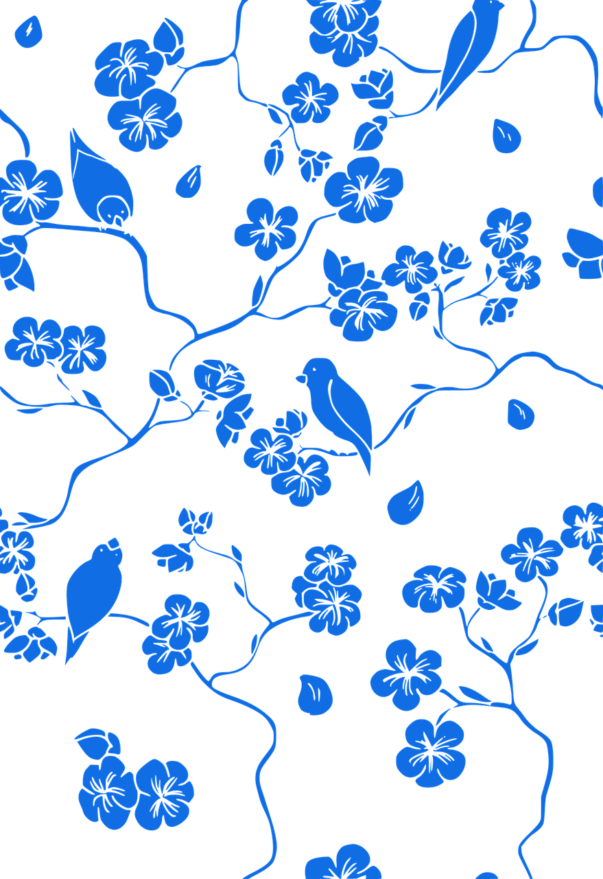 a pattern of blue flowers and birds on a black background, vector art, inspired by Sakai Hōitsu, deviantart, birds on cherry tree, blacklight, wallpaper”, silk screen print