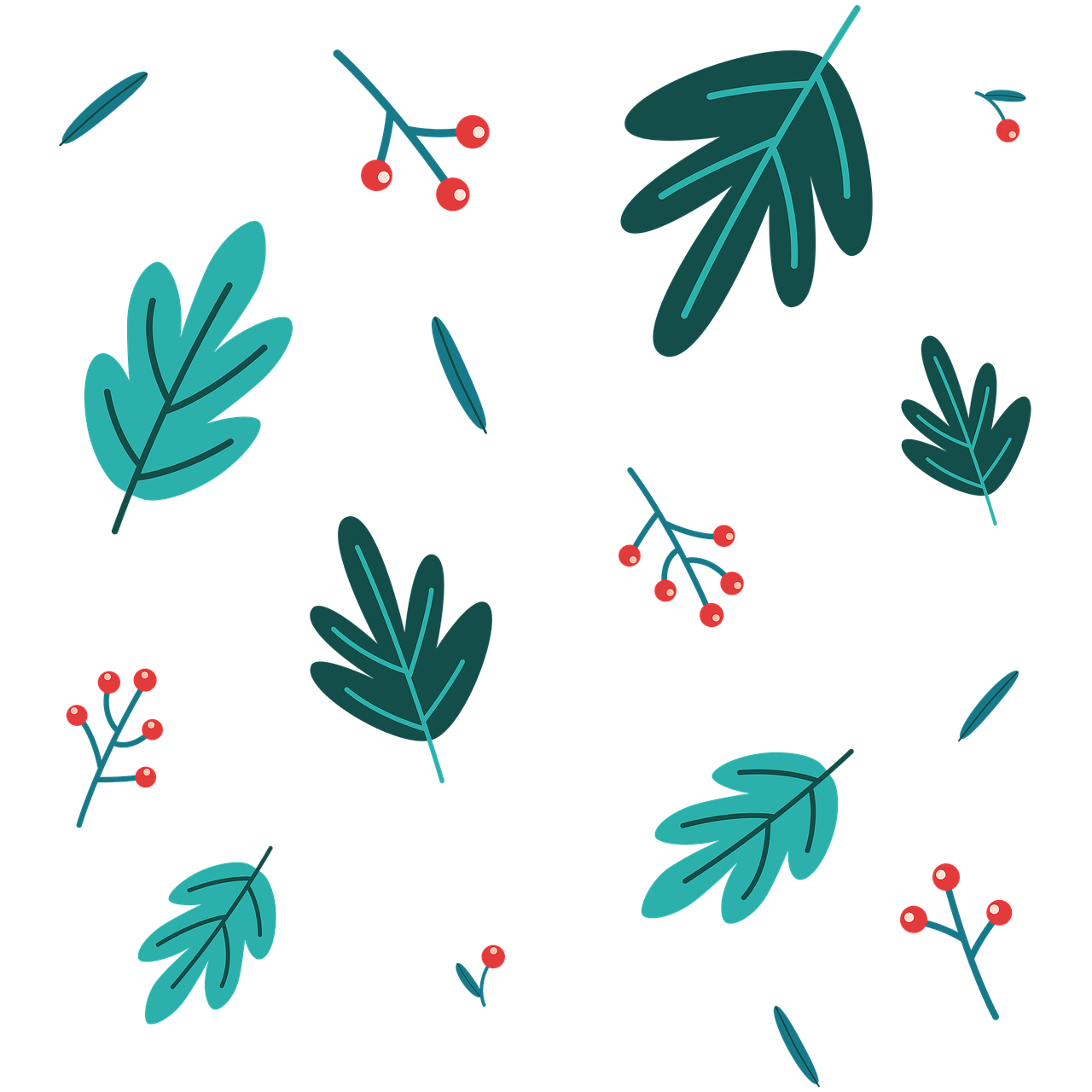 a pattern of leaves and berries on a black background, concept art, flying trees and park items, holiday season, simple 2d flat design, 4k high res