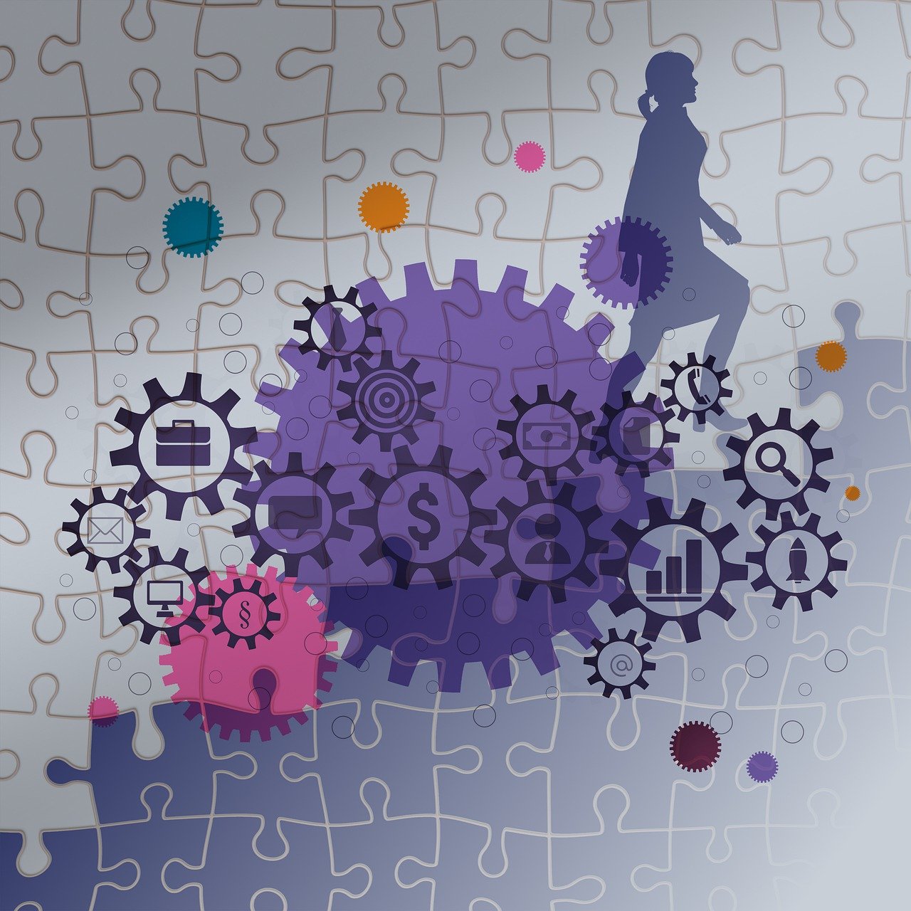 a person standing on top of a puzzle piece, a digital rendering, by Gwen Barnard, cogs and gears, violet colored theme, female-focus, business surrounding
