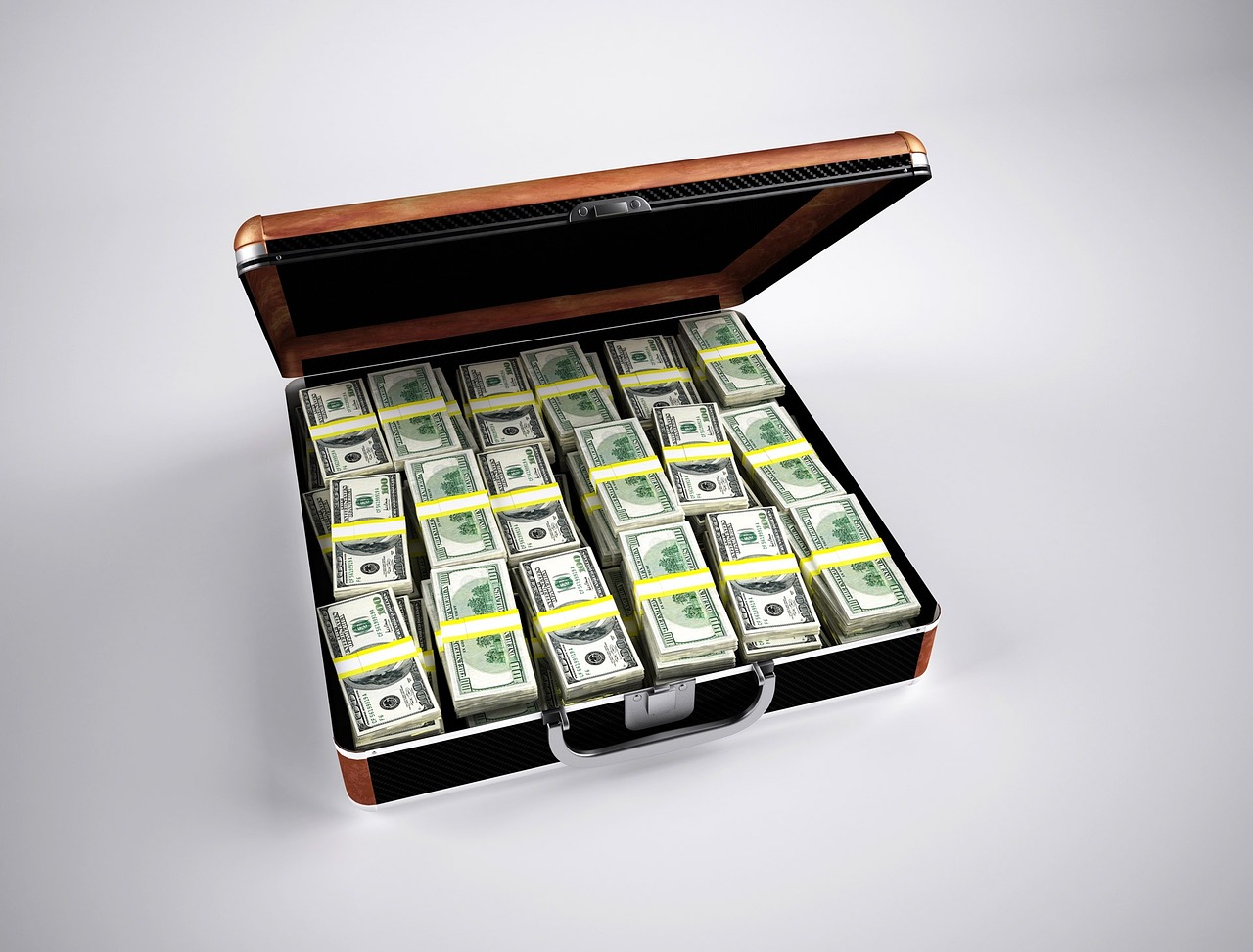 a briefcase filled with lots of money sitting on top of a table, a digital rendering, cgtrader, photorealistic - h 6 4 0, ambitious, crimes